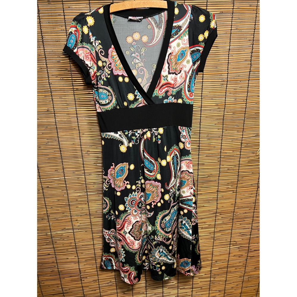 Y2K Small Paisley V-Neck Empire Waist Dress Black Multi Floral